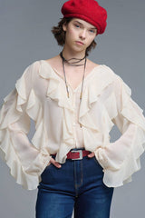 Beige V-Neck All Over Ruffle Blouse: BEIGE / S