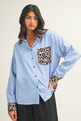 LDC Wildly Chic Contrast Leopard & Stripes Button Up Blouse: Sky Blue / S