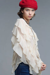 Beige V-Neck All Over Ruffle Blouse: BEIGE / L