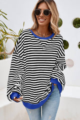 LDC Stripe Contrast Trim Oversized Pullover Sweatshirt: Sky Blue Stripe / XL