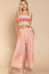 Contrast ribbed elastic waist casual knit culottes pants: DESERT SAGE / M/L