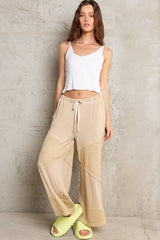 Contrast ribbed elastic waist casual knit culottes pants: DESERT SAGE / M/L