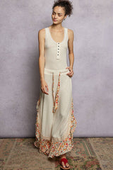 Floral Pattern Ruffle Detail Ribbed Knit Pants: PALE PINK / S