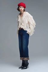 Beige V-Neck All Over Ruffle Blouse: BEIGE / L