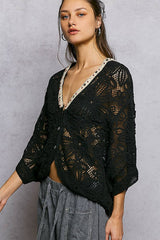 V-Neck Crochet Batwing Sleeve Cardigan Top: NATURAL / Os