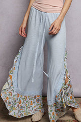 Floral Pattern Ruffle Detail Ribbed Knit Pants: PALE PINK / L
