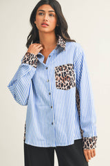 LDC Wildly Chic Contrast Leopard & Stripes Button Up Blouse: Sky Blue / XL