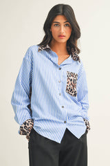 LDC Wildly Chic Contrast Leopard & Stripes Button Up Blouse: Sky Blue / L