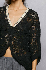 V-Neck Crochet Batwing Sleeve Cardigan Top: NATURAL / Os
