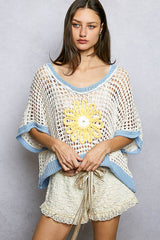 Round Neck Sleeveless Floral Thin Sweater Top SALE: BLUE/IVORY / S