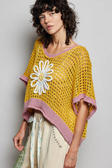 Round Neck Sleeveless Floral Thin Sweater Top SALE: BLUE/IVORY / L