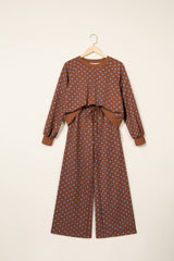 F/W26 Polka Dot Drawstring Wide Leg Pants Set | S-4X: Brown / L