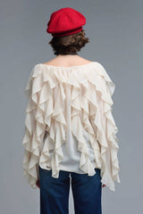 Beige V-Neck All Over Ruffle Blouse: BEIGE / S