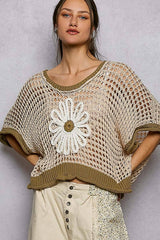 Round Neck Sleeveless Floral Thin Sweater Top SALE: BLUE/IVORY / M