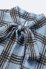 Blue Chiffon Blouse with Check Print with Wide Sleeves and Neck Tie: BLUE / M