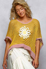 Round Neck Sleeveless Floral Thin Sweater Top SALE: BLUE/IVORY / L
