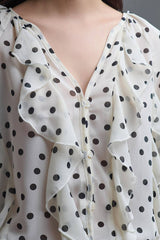 Polka Dot Button-Up chiffon Shirt with Ruffles: CREAM / M