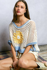 Round Neck Sleeveless Floral Thin Sweater Top SALE: BLUE/IVORY / M