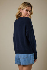 "HORSE" GRAPHIC LONG SLEEVE ROUND NECK CARDIGAN: NAVY / L