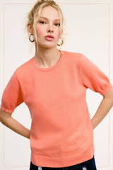 MCS3600-Soft Short Puffy Sleeve Basic Stretchy Knit Top: Pink Sand / L