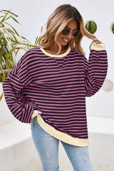 LDC Stripe Contrast Trim Oversized Pullover Sweatshirt: Sky Blue Stripe / XL