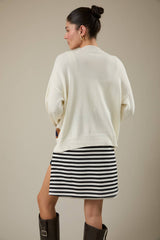 "HORSE" GRAPHIC LONG SLEEVE ROUND NECK CARDIGAN: NAVY / L