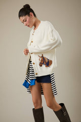 "HORSE" GRAPHIC LONG SLEEVE ROUND NECK CARDIGAN: NAVY / L