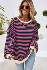 LDC Stripe Contrast Trim Oversized Pullover Sweatshirt: Sky Blue Stripe / XL