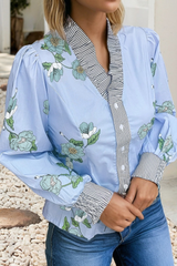 LDC Floral Contrast Striped Trim Ruffled V Neck Fall Blouse: Sky Blue / L