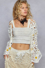 Long sleeve V neck crochet knit open cardigan: MINT / Os