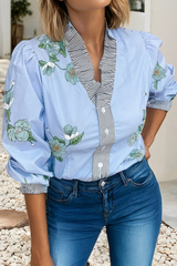 LDC Floral Contrast Striped Trim Ruffled V Neck Fall Blouse: Sky Blue / XL