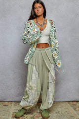 Long sleeve V neck crochet knit open cardigan: MINT / Os