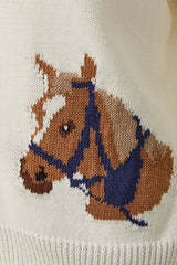 "HORSE" GRAPHIC LONG SLEEVE ROUND NECK CARDIGAN: NAVY / L