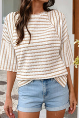 LDC striped Textured Knit Split Hem Half Sleeve Loose Top: Apricot Stripe / M