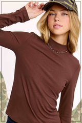 MCT7699-Stretchy Ribbed Long Sleeve Mock Neck Basic Top: Onyx / L