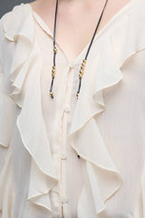 Beige V-Neck All Over Ruffle Blouse: BEIGE / L