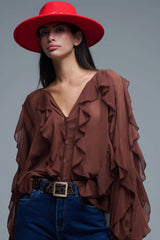 Brown V-Neck All Over Ruffle Blouse: BROWN / L