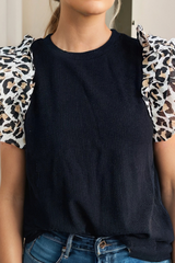 LDC Knit Contrast Leopard Ruffled Sleeve Womens Loose Top: Black / S