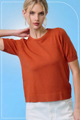 MCS3600-Soft Short Puffy Sleeve Basic Stretchy Knit Top: Pink Sand / L