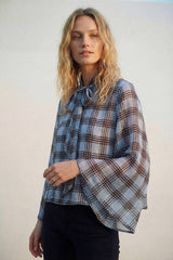 Blue Chiffon Blouse with Check Print with Wide Sleeves and Neck Tie: BLUE / L