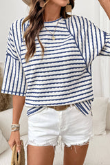 LDC striped Textured Knit Split Hem Half Sleeve Loose Top: Apricot Stripe / S