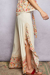 Floral Pattern Ruffle Detail Ribbed Knit Pants: PALE PINK / M