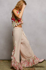 Floral Pattern Ruffle Detail Ribbed Knit Pants: PALE PINK / L