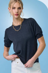 MCS3600-Soft Short Puffy Sleeve Basic Stretchy Knit Top: Midnight Blue / S