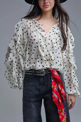 Polka Dot Button-Up chiffon Shirt with Ruffles: CREAM / M
