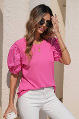 LDC Ribbed Pearl Beaded Puff Sleeve Top: Bright Pink / XL