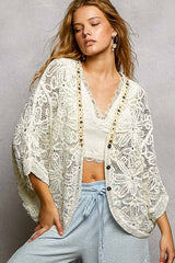V-Neck Crochet Batwing Sleeve Cardigan Top: NATURAL / Os