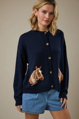 "HORSE" GRAPHIC LONG SLEEVE ROUND NECK CARDIGAN: NAVY / M