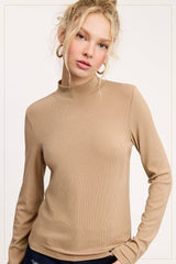 MCT7699-Stretchy Ribbed Long Sleeve Mock Neck Basic Top: Milk / S