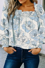 LDC Floral Print Frilly Smocked Square Neck Blouse: Sky Blue / XL